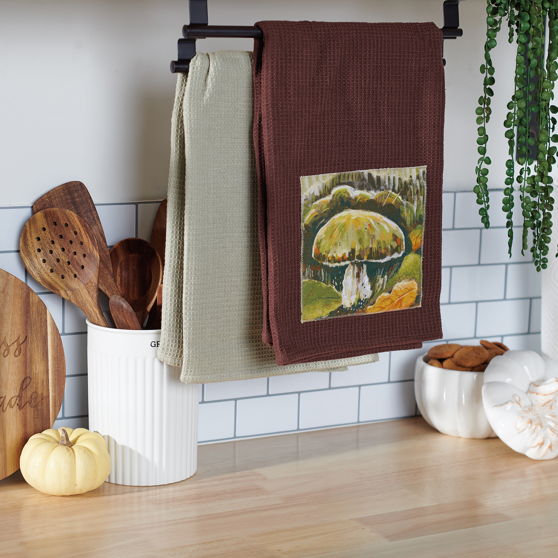 Vtg MCM Cannon Fresh Mushrooms Hand Towels / Kitchen Dish Towels Set of 4  Brown